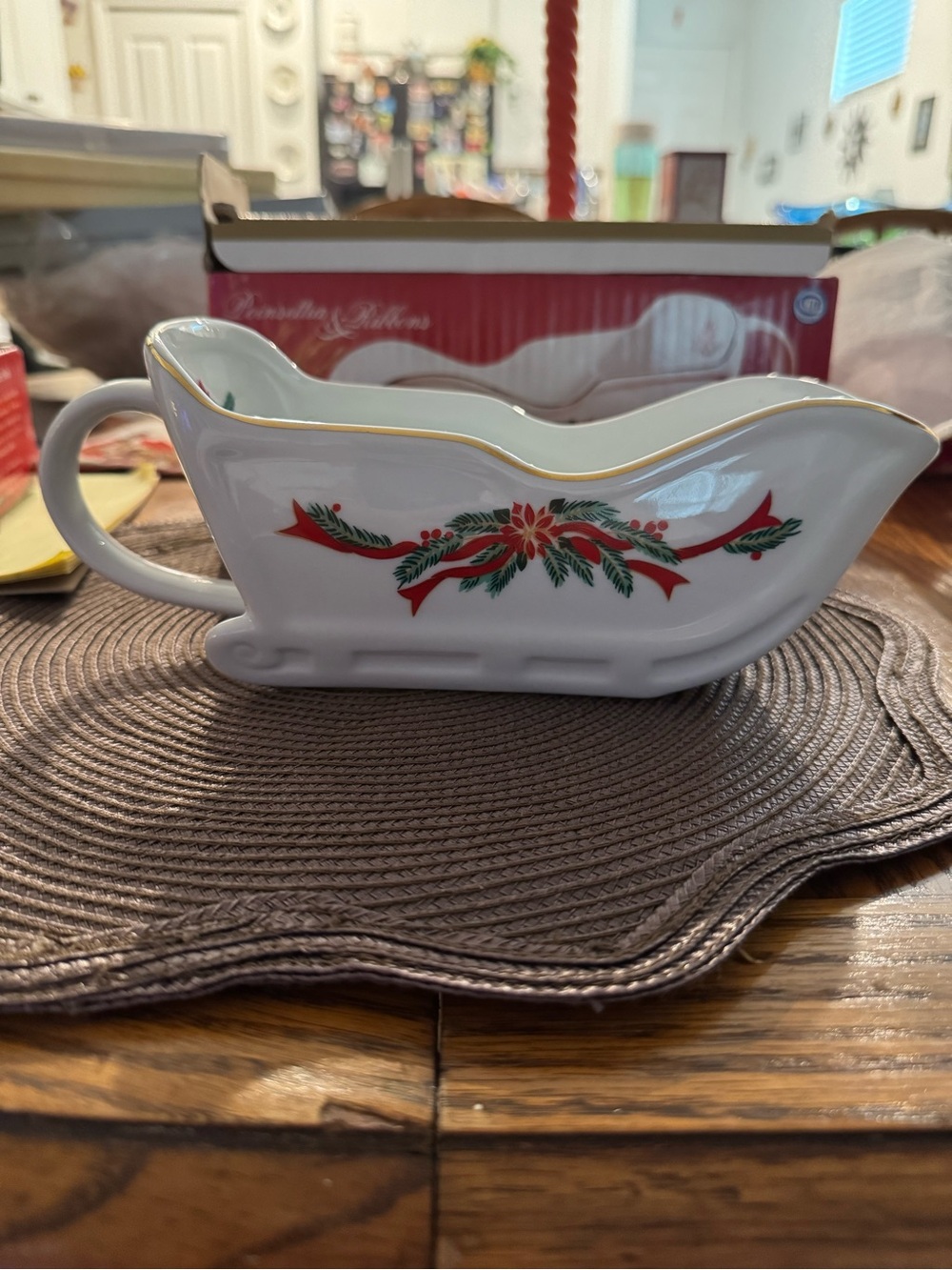 Classic White Ceramic Holiday Sleigh with Red & Green Ribbon Accents
